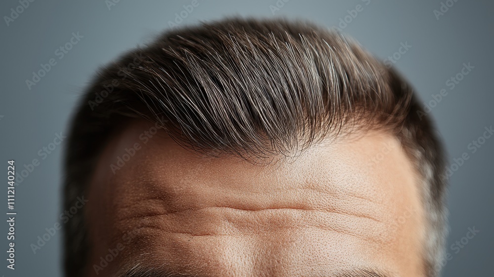 Detailed close-up of a mature man's hairline and forehead, showing healthy hair, skin texture, and fine lines. Detailed close-up of a mature man's hairline and forehead, showing healthy hair, skin texture, and fine lines.
