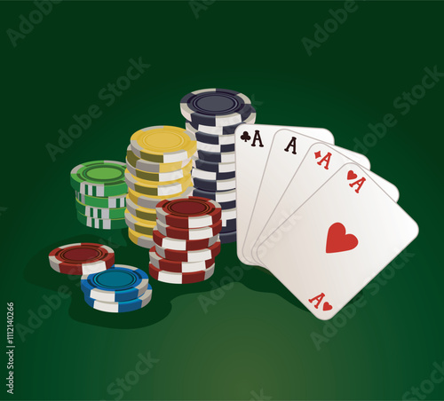 poker stock tokens chips casino money and cash on green felt table with cards fan of aces and dices gambling illustration