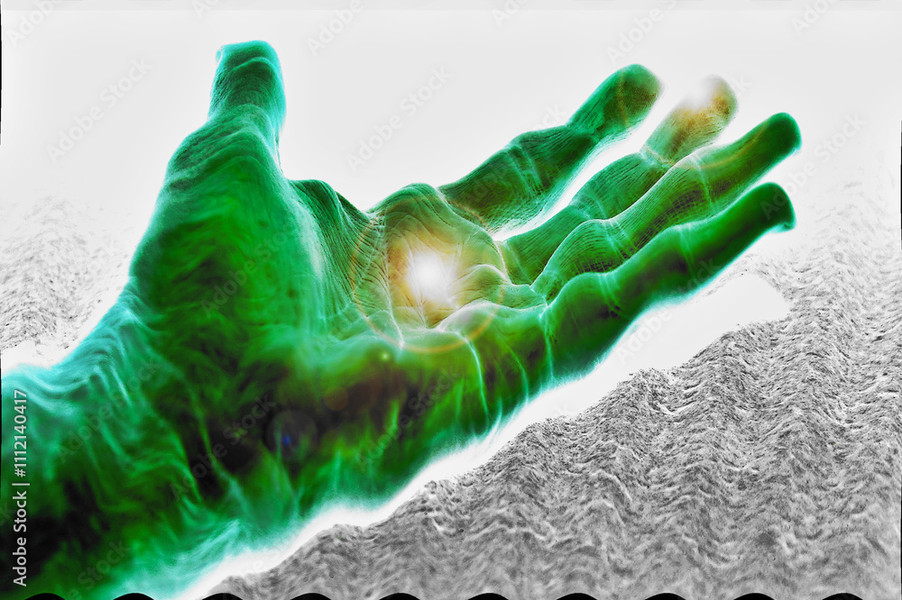 Mano extraterrestre verde hacia la luz de otra dimensión Mano extraterrestre verde hacia la luz de otra dimensión