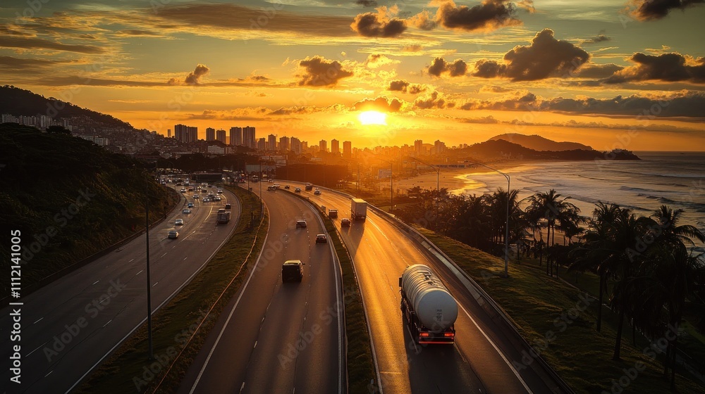 Fototapeta premium A tanker truck carrying fuel navigates down a highway, its presence illuminated by the warm hues of the setting sun