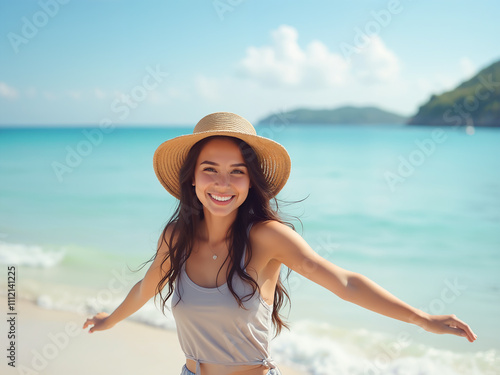 Generated illustration of a beautiful young sweetheart girlfriend smiling and hanging out on the beach, beautiful coastal sea blurred in the background.