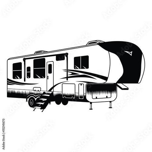 5th Wheel Camper, Fifth Wheel RV Camper, Camping, Hand Drawn Vector Illustration