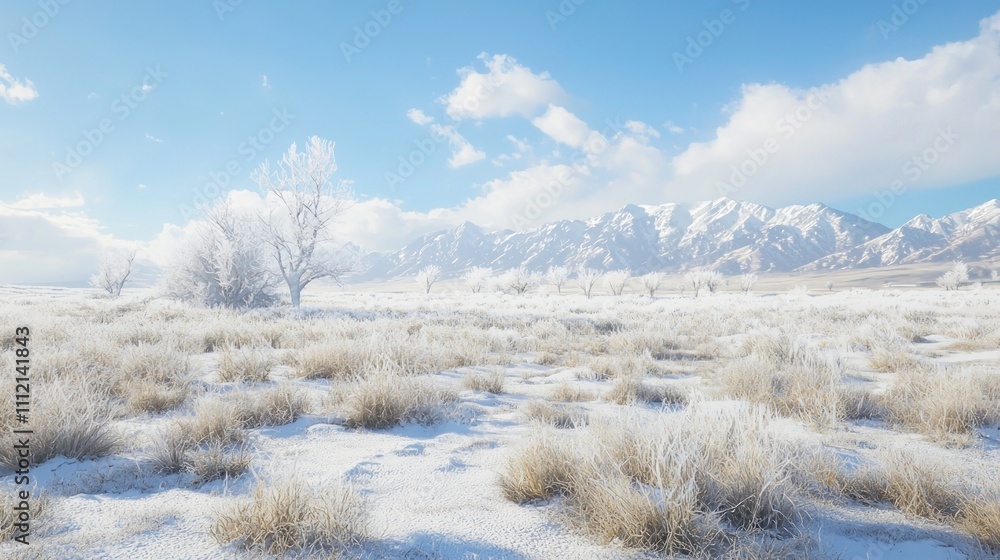 Tranquil Winter Wonderland - Photorealistic Scene of Snowy Landscape with Mountains and Frosted Trees | Ultra-Detailed Natural Beauty Tranquil Winter Wonderland - Photorealistic Scene of Snowy Landscape with Mountains and Frosted Trees | Ultra-Detailed Natural Beauty