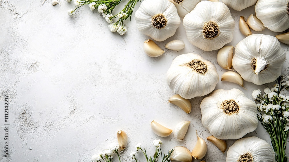 top view of garlic bulbs and garlic cloves lying on a white table creating a border realistic photography top view of garlic bulbs and garlic cloves lying on a white table creating a border realistic photography