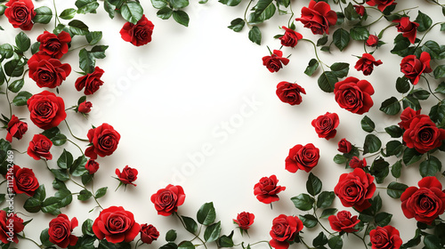 Scattered Red Roses and Green Leaves on Left with Blank White Space for Text on Right photo