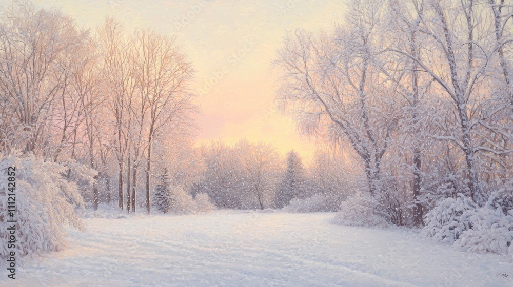 Obraz premium Tranquil Winter Morning: Snowy Landscape with Pink Sunrise - Ultra-Detailed Photorealistic Scene for Peaceful Reflection