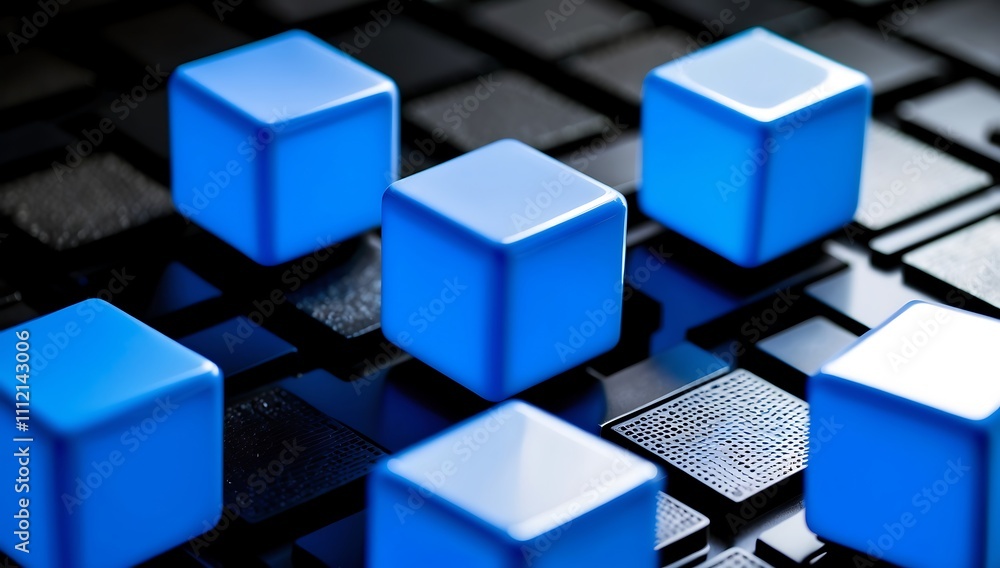Close-up of luminous blue cubes intricately arranged to symbolize blockchain technology. Set against a dark, textured background with black squares, the design creates striking depth and contrast.
Close-up of luminous blue cubes intricately arranged to symbolize blockchain technology. Set against a dark, textured background with black squares, the design creates striking depth and contrast.