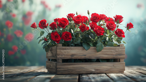 Red Roses in Rustic Wooden Crate with Soft Shadows and Blank Space for Text on Left photo