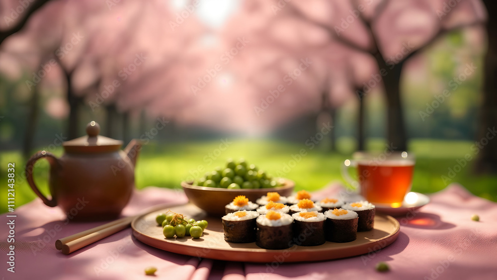 A Tranquil Picnic Experience with Sushi and Edamame Under the Blossoms of Cherry Trees A Tranquil Picnic Experience with Sushi and Edamame Under the Blossoms of Cherry Trees