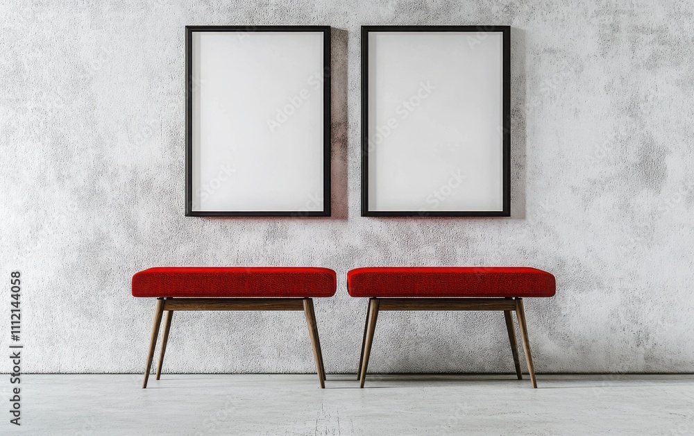 A minimalist 3D rendering of two empty picture frames on a white gallery wall, with a red seating bench in an industrial-styled interior A minimalist 3D rendering of two empty picture frames on a white gallery wall, with a red seating bench in an industrial-styled interior