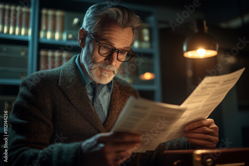 Attractive Businessman in His Office Reviewing Documents in Low Light