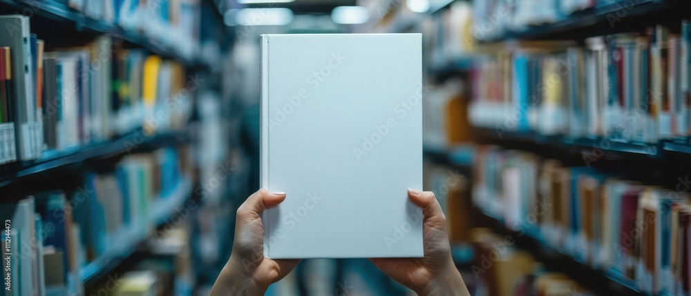 Close up blank book cover mockup being held by a person in a library Close up blank book cover mockup being held by a person in a library