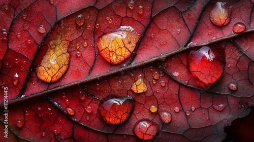 Red Leaf Veins Water Droplets Autumn Nature