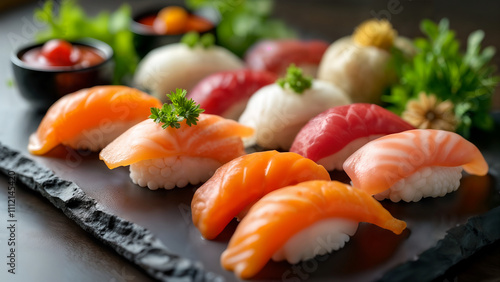 Artistic Arrangement of Sushi Ingredients Celebrating the Diversity and Beauty of Japanese Culinary Art