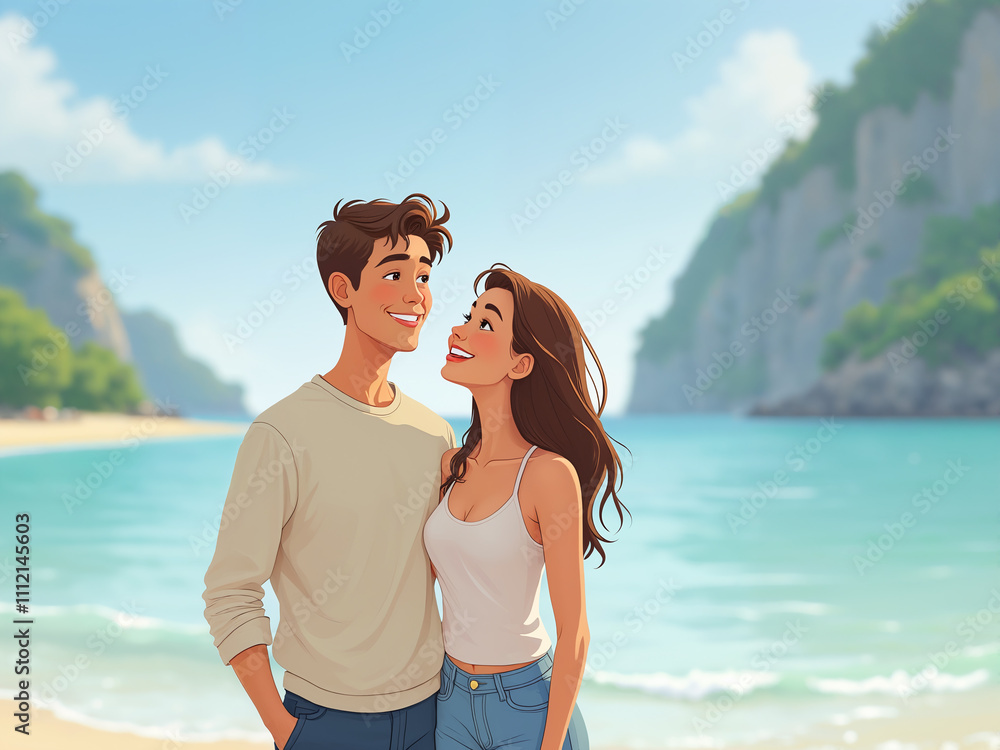 Generated illustration of a happy romantic young couple holiday in a scenic summer beach.