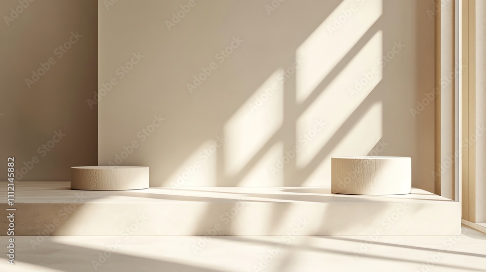 Fototapeta premium Beige product display with two podiums in a minimalist, light-filled room.
