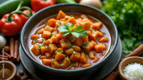 Capture the Artistic and Vibrant Overhead View of a Plate of Traditional Hungarian Goulash Surrounded by Fresh Ingredients