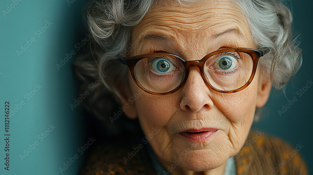 Elderly woman with expressive eyes and curly hair shows surprise in a cozy indoor setting during daytime. Generative AI Elderly woman with expressive eyes and curly hair shows surprise in a cozy indoor setting during daytime. Generative AI