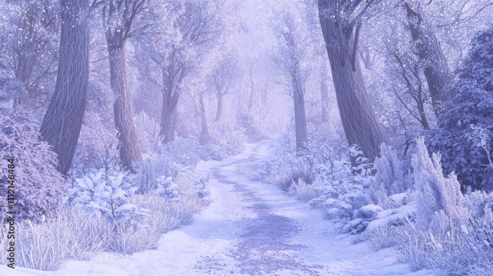 Fototapeta premium Winter Wonderland: Serene Snow-Covered Path Through Sparkling Frost Forest in Soft Light - Ultra-Detailed Photorealistic Scene