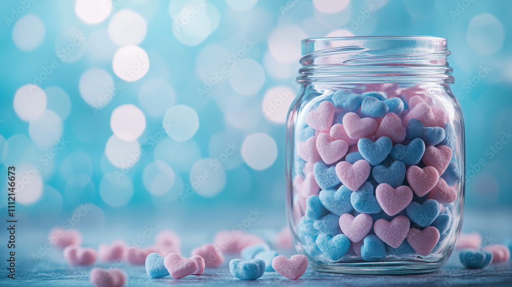 Clear glass jar filled with pastel pink and blue candy hearts with space for text Clear glass jar filled with pastel pink and blue candy hearts with space for text