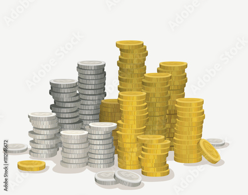 big stack of coin metal money 3D realistic money, cash, treasure pile, payment signs, bank, finance symbols vector flat illustration