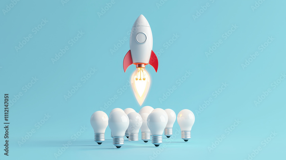 rocket shaped light bulb launching into sky, surrounded by regular light bulbs, symbolizes innovation and creativity. This vibrant scene captures excitement of new ideas taking flight rocket shaped light bulb launching into sky, surrounded by regular light bulbs, symbolizes innovation and creativity. This vibrant scene captures excitement of new ideas taking flight