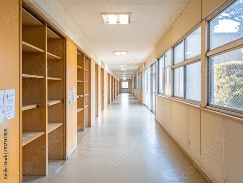 Empty Long Corridor in an Educational Institution with Wooden Shelving Units and Plenty of Natural Light Pouring Through Large Windows