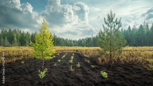 Young Trees Growing in Reforested Area After Fire photo