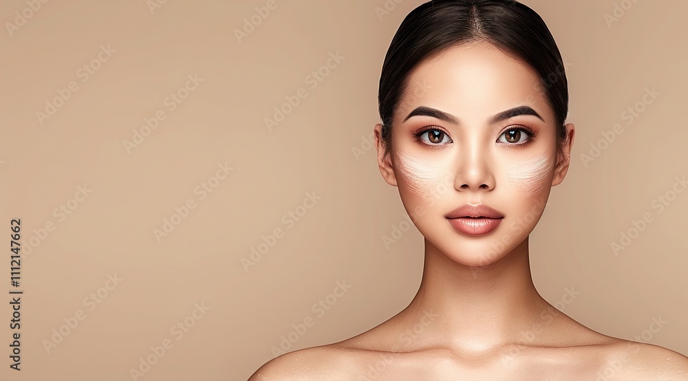 Face care, Facial treatment, Cosmetology, beauty and spa, beautiful young asian woman with clean fresh skin on beige background Face care, Facial treatment, Cosmetology, beauty and spa, beautiful young asian woman with clean fresh skin on beige background