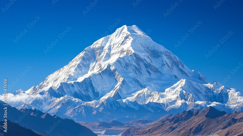 Obraz premium Majestic Snow-Capped Mountain Peak: Ultra-Detailed Winter Landscape with Sun Reflection