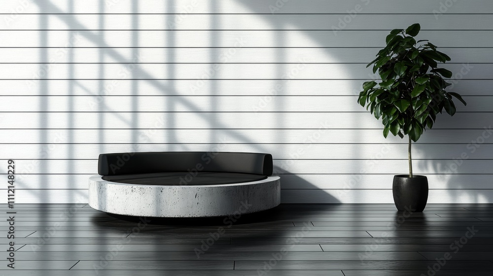 Modern Minimalist Interior Design Featuring Round Concrete Sofa and Decorative Green Plant Against Sleek White Wooden Wall Modern Minimalist Interior Design Featuring Round Concrete Sofa and Decorative Green Plant Against Sleek White Wooden Wall