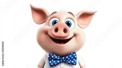 Adorable Cartoon Pig with Bow Tie Smiling Happily on White Background
