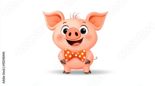 Adorable Smiling Cartoon Piglet with Bow Tie in Cheerful Friendly Pose