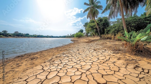 A parched desert landscape with cracked earth and dying vegetation portrays the severity of prolonged droughts due to climate change. photo