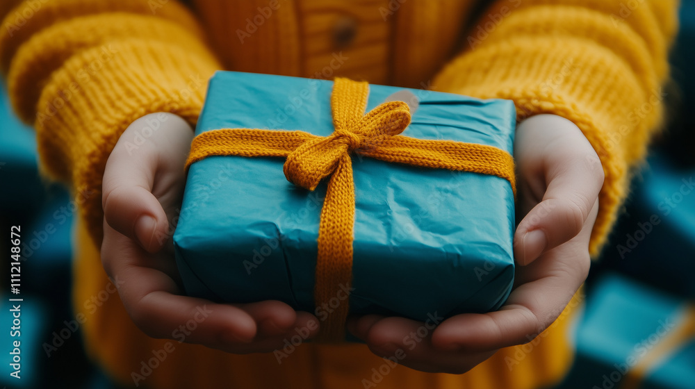 Hands Wrapping Blue Christmas Gifts in Yellow Sweater Hands Wrapping Blue Christmas Gifts in Yellow Sweater