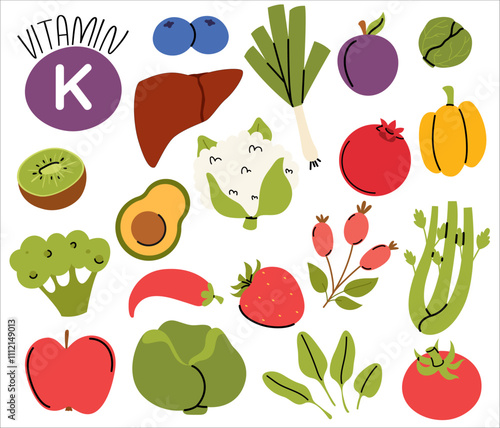 Set of vitamin K dietetic food sources. Healthy organic products . Liver, pomegranate, avocado, cauliflower