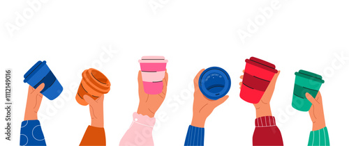 Set of human hand with colorful bright paper coffee takeaway cups. Beverages and drinks concept.