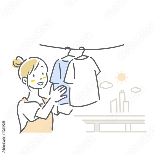 洗濯物を干す若い女性　シンプルでお洒落な線画イラスト