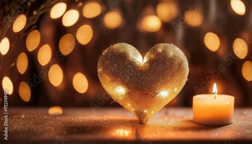 Radiant Candlelight Romance. Golden Heart Glow for Valentine's Day or Women's Day Ambiance, Symbolizing Love, Warmth, and Elegance. Perfect for Celebrations, Gifts, and Home Decor photo