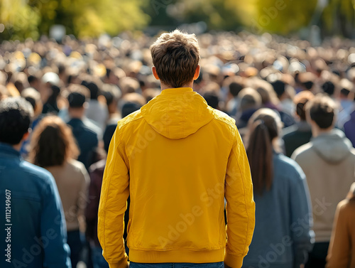 Man in Yellow Jacket Amidst a Crowd Illustration