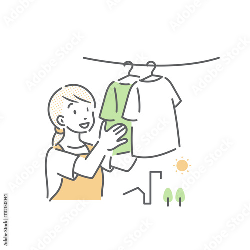 洗濯物を干す若い女性　シンプルでお洒落な線画イラスト