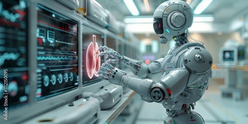 Advanced robot analyzing medical data on a high-tech display in a futuristic laboratory setting