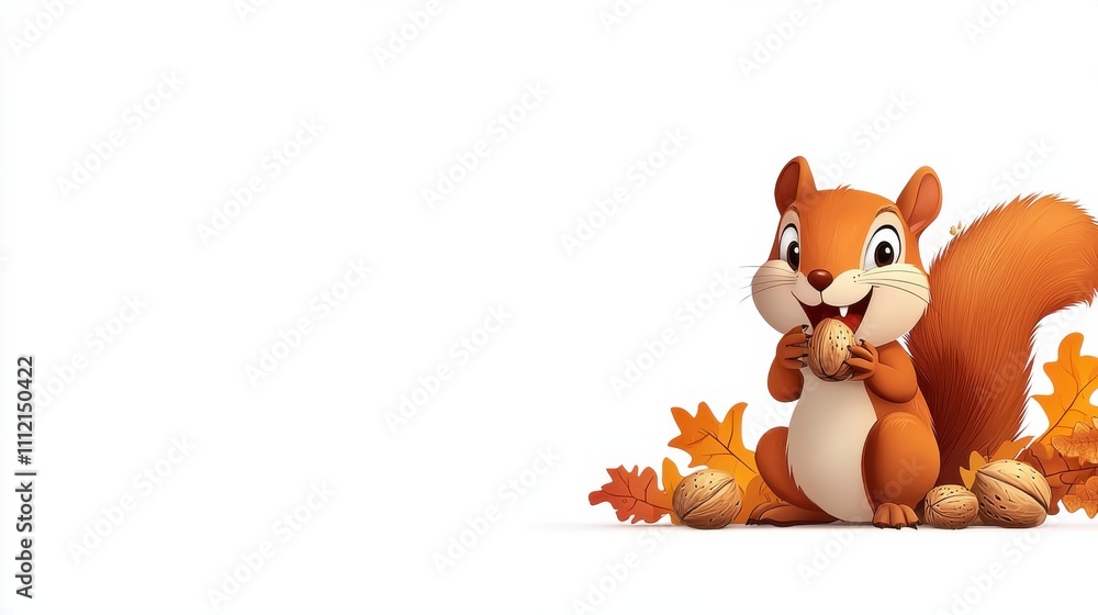 Naklejka premium Cute Cartoon Squirrel Holding Acorn in Autumn Forest Scene
