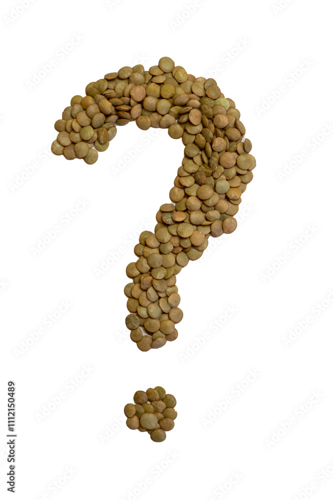 question mark made of green lentils on a white background. The concept of health care, eating healthy foods. Isolate. question mark made of green lentils on a white background. The concept of health care, eating healthy foods. Isolate.