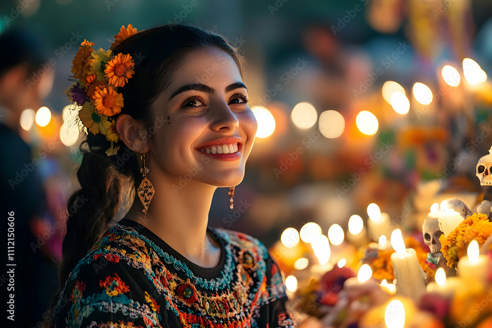 Smiling Woman in Floral Headpiece, Realistic Illustration Smiling Woman in Floral Headpiece, Realistic Illustration