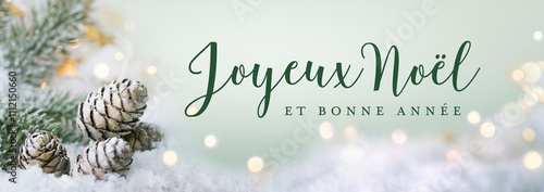 Christmas greeting card french text - Joyeux Noel, Merry Christmas and Happy New Year - Xmas snowscape, Natural Winter background with snow flakes, ice and golden lights - Panorama, banner, header photo