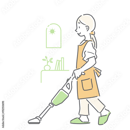 掃除機をかける女性　シンプルでお洒落な線画イラスト