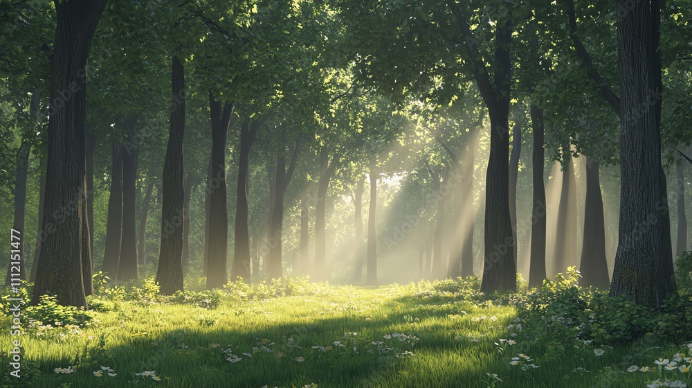 A forest path with sunbeams shining through the trees.