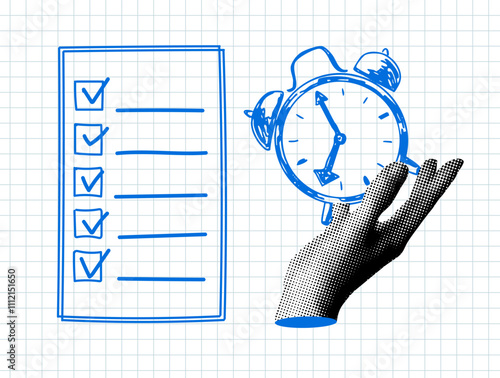 Halftone hand holding alarm clock. Doodle style clipboard with checklist. Deadline concept. Сompleting tasks on time. Modern collage with elements from newspaper
