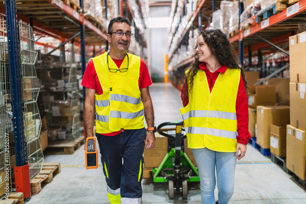 Obraz premium Warehouse workers walking and using handheld computer and pallet jack